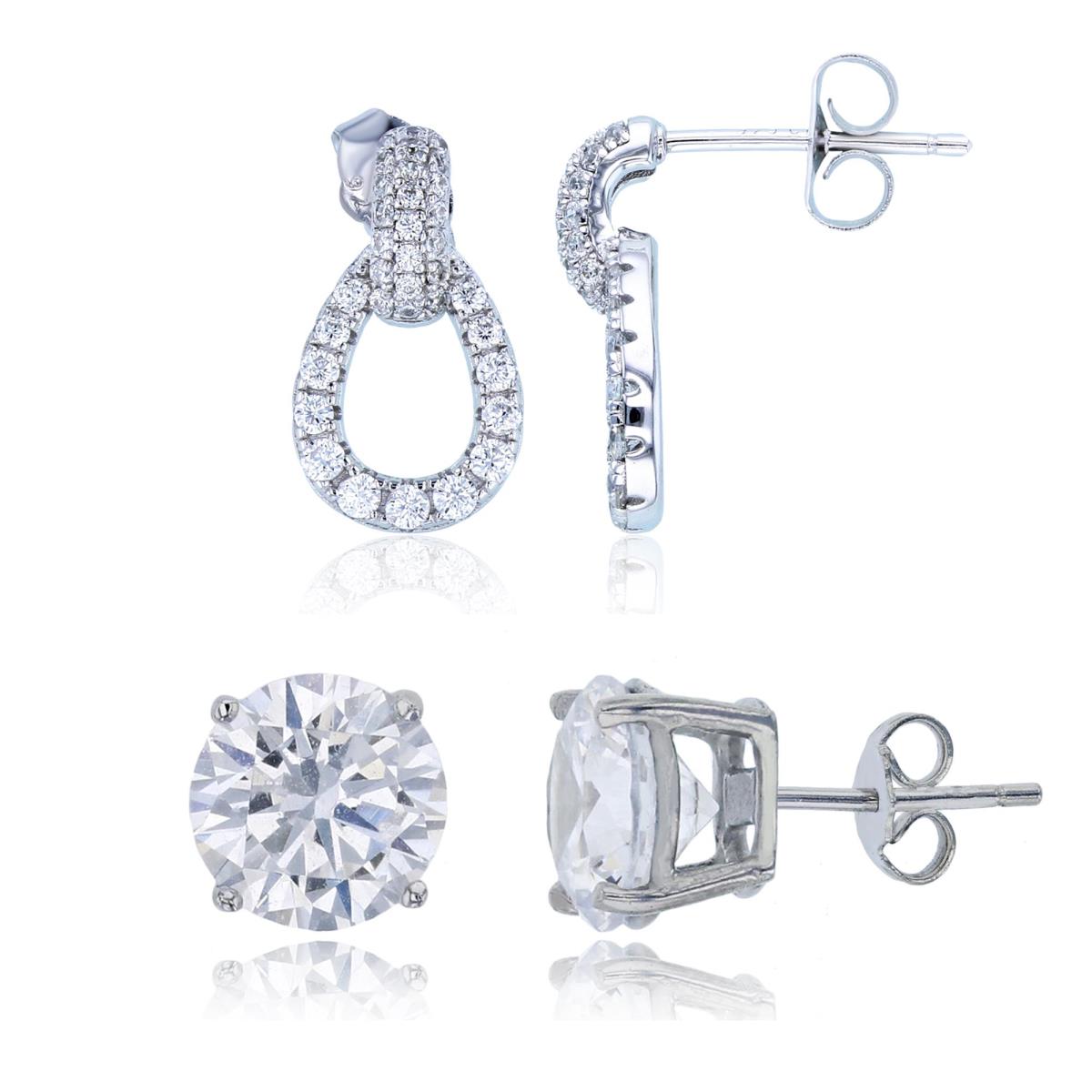 Sterling Silver Rhodium Graduated Rnd CZ Open Pear & 8mm Rd Solitaire Stud Earring Set