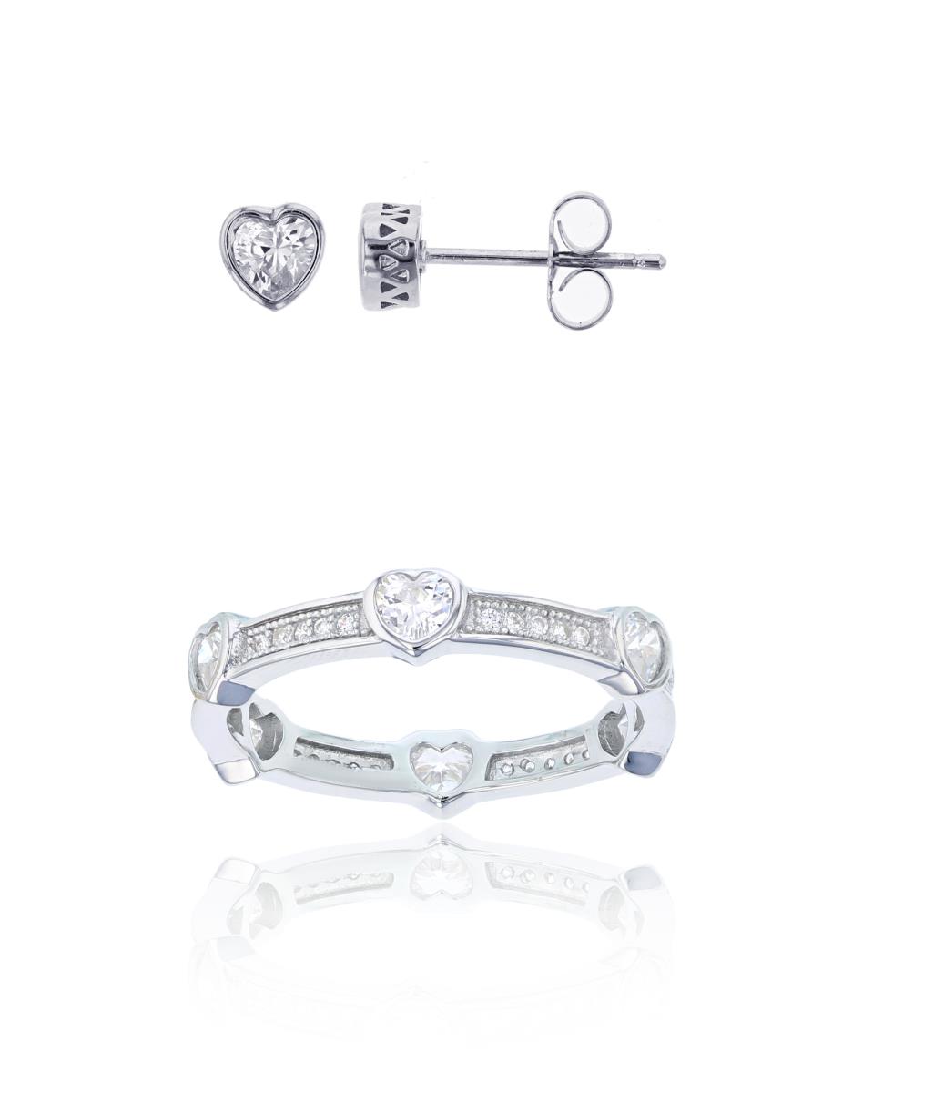 Sterling Silver Rhodium 4mm Heart Cut Bezel Stud Earring & Eternity Ring Set