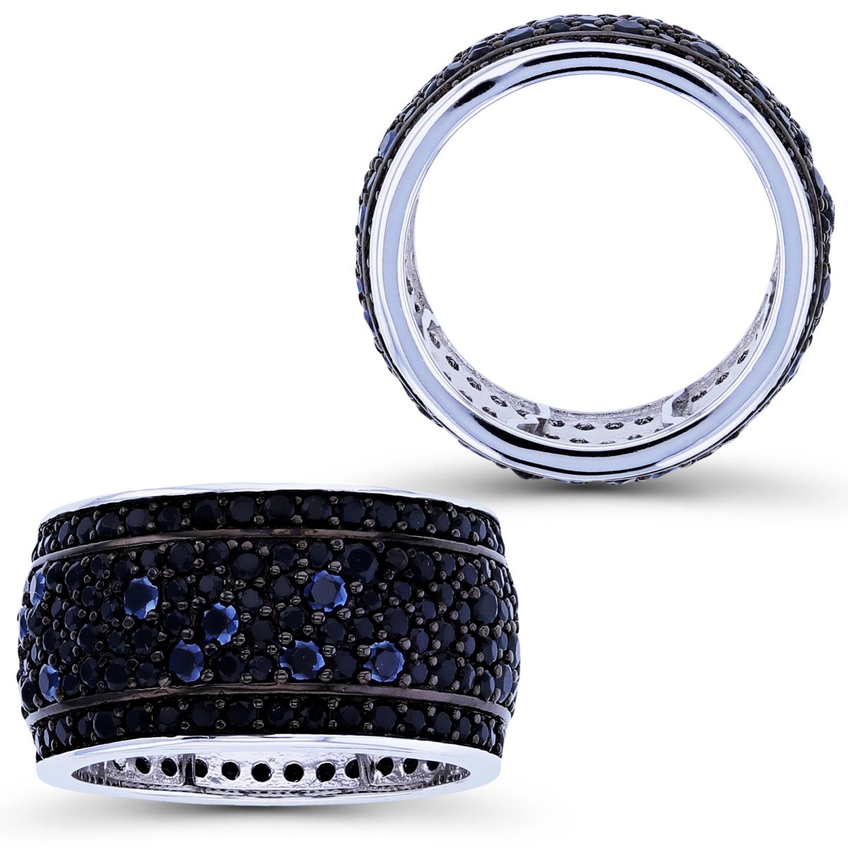 Sterling Silver Two-Tone Rnd Black Spinel Dome Wide Band 