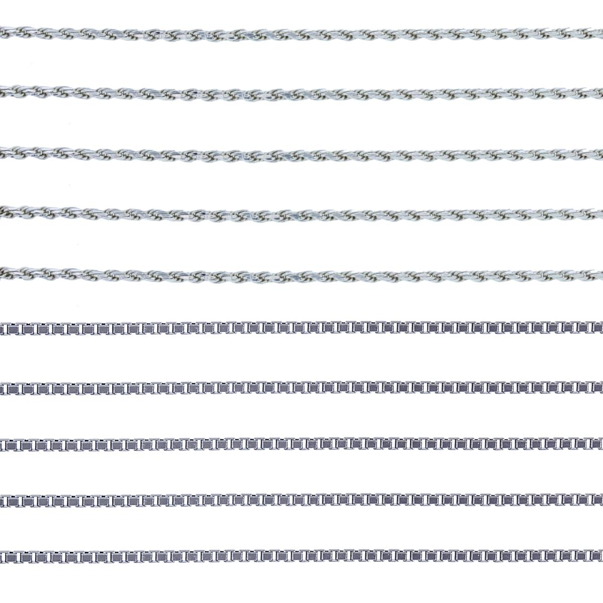 Sterling Silver Anti-Tarnish 18" Set of 5 Box & 5 Rope Chains