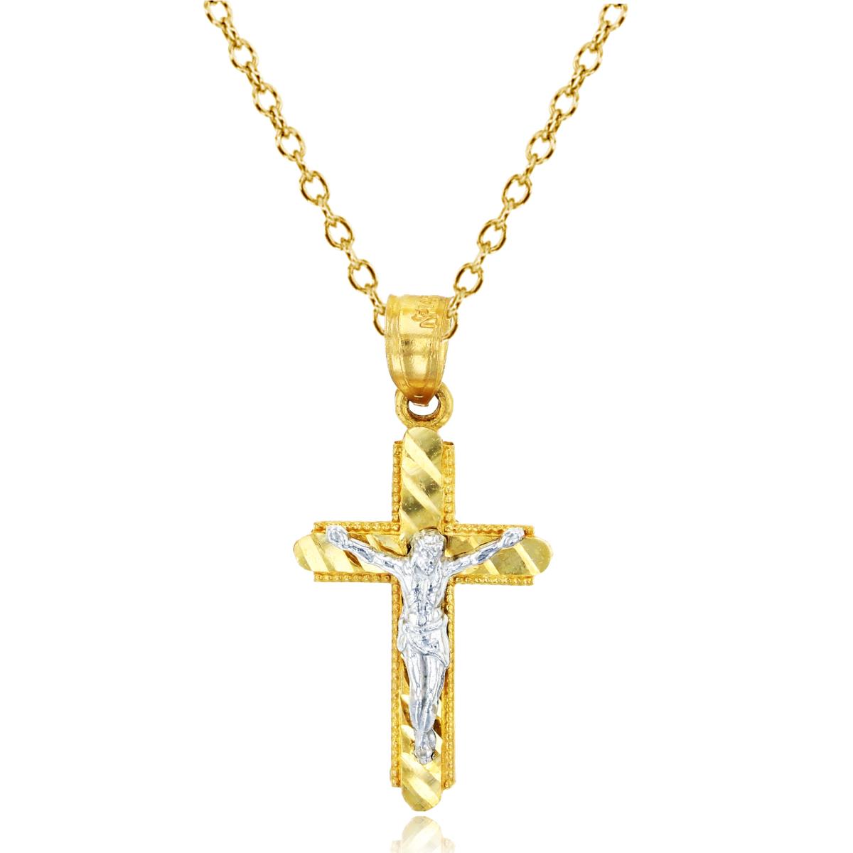 14K Gold Two Tone Jesus Cross 16"+1"+1" Rolo Cable Necklace