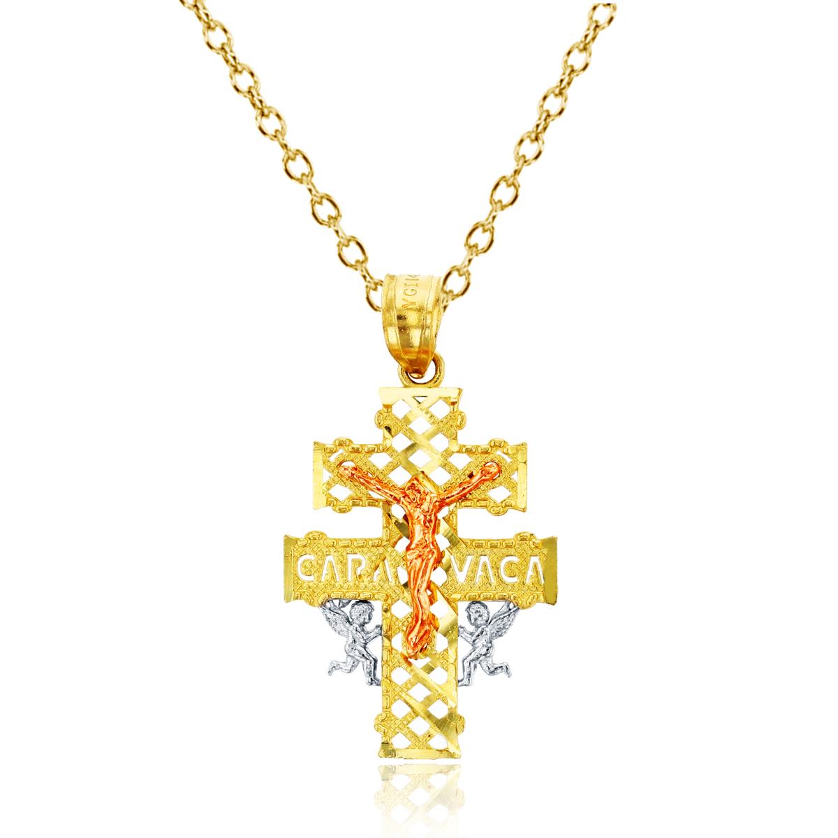 14K Gold Tri-Color Caravaca Cross 16"+1"+1" Rolo Cable Necklace
