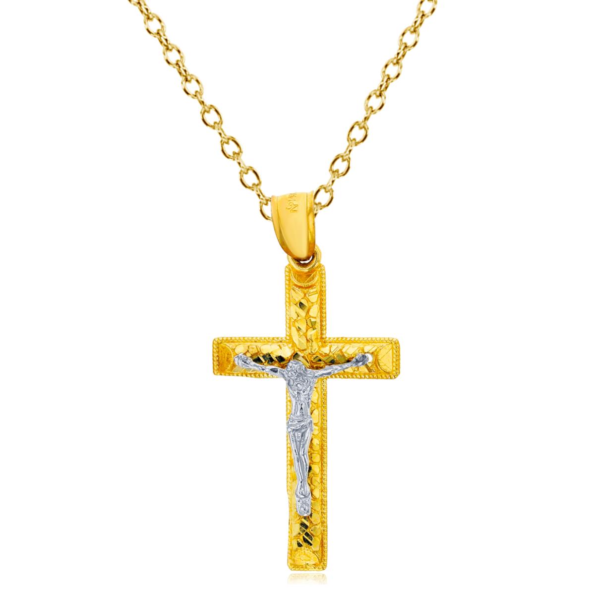 14K Two-Tone Gold DC Milgrain Religious Crucifix Cross 16"+1"+1" Rolo Cable Necklace