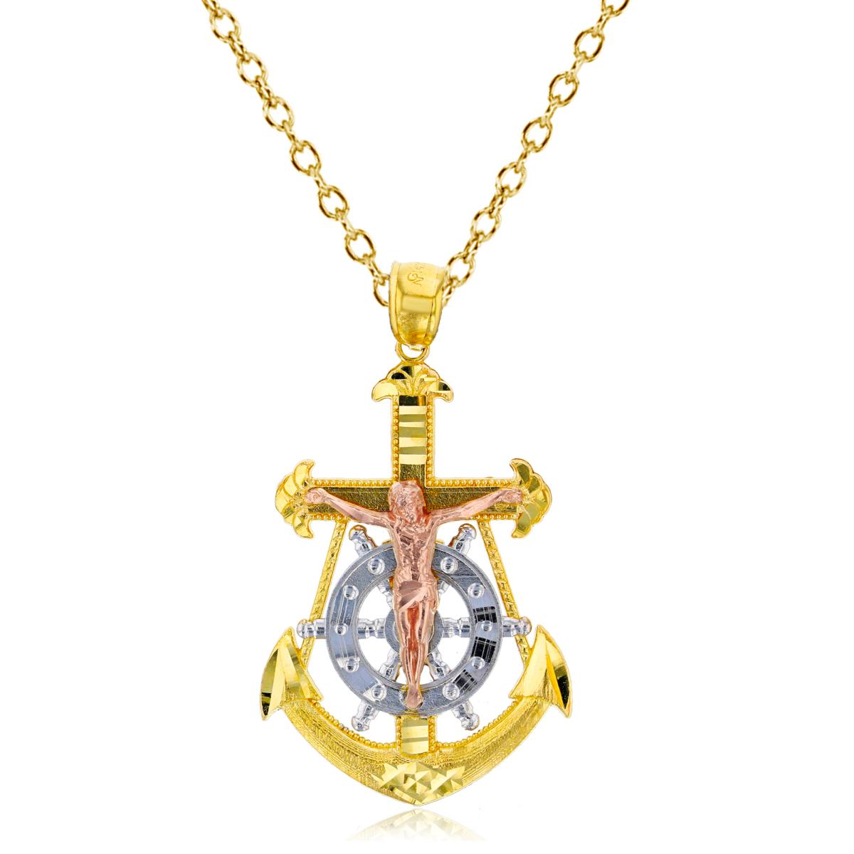 14K Tri-color Gold Religious Nautical Cross Wheel & Anchor 16"+1"+1" Rollo Cable Necklace