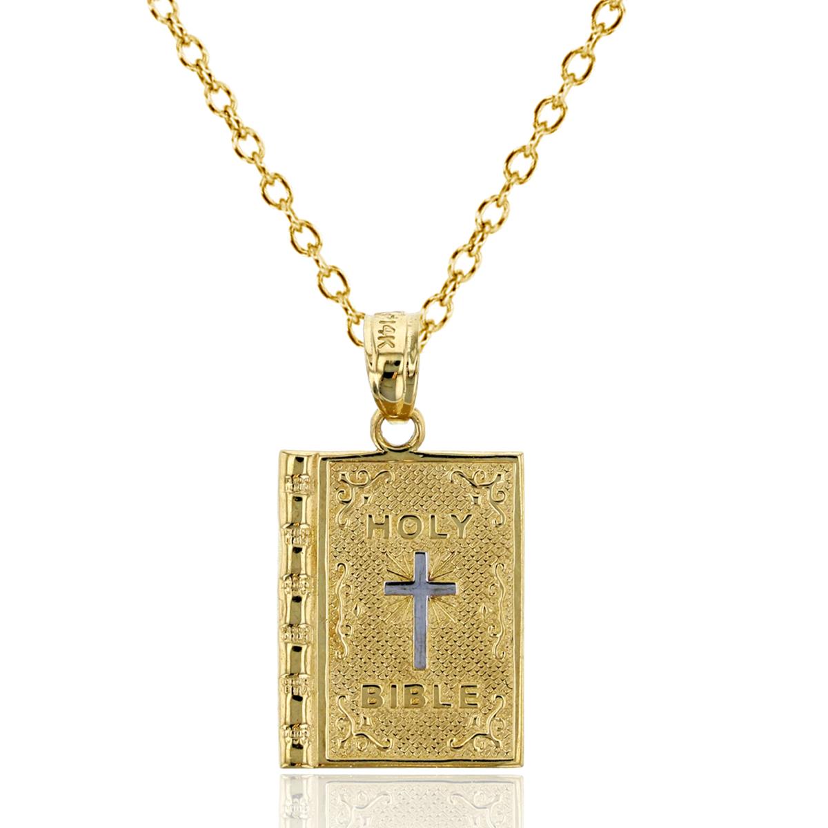 14K Yellow Gold Textured Holy Bible Charm 16"+1"+1" Necklace