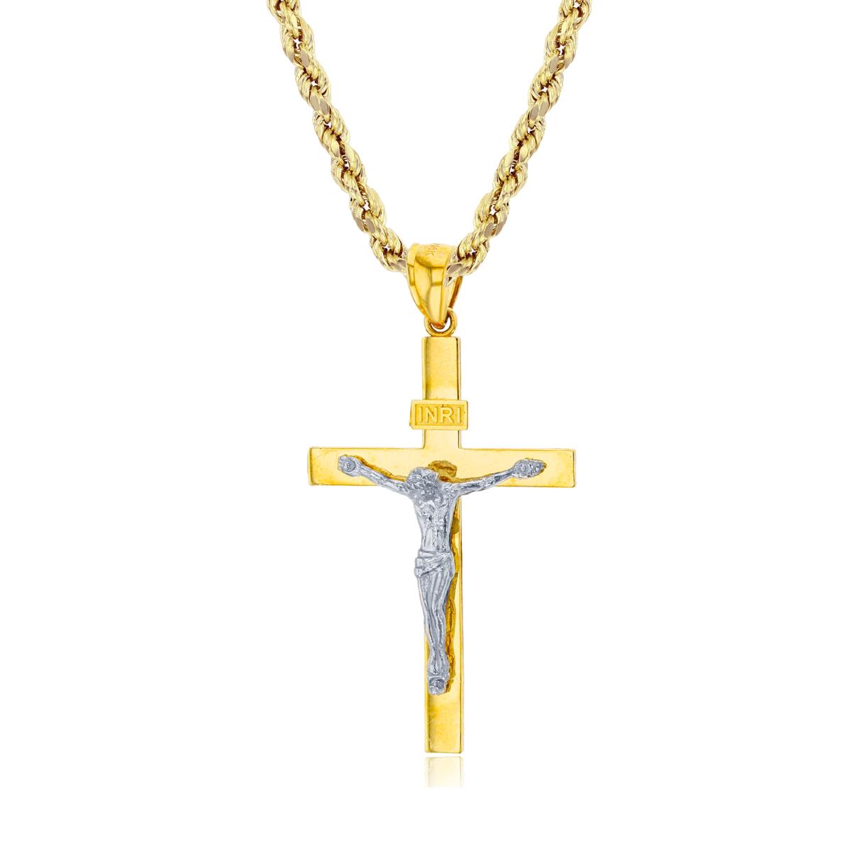 14K Two-Tone Gold Religious Crucifix Cross 24" Hollow Rope Necklace