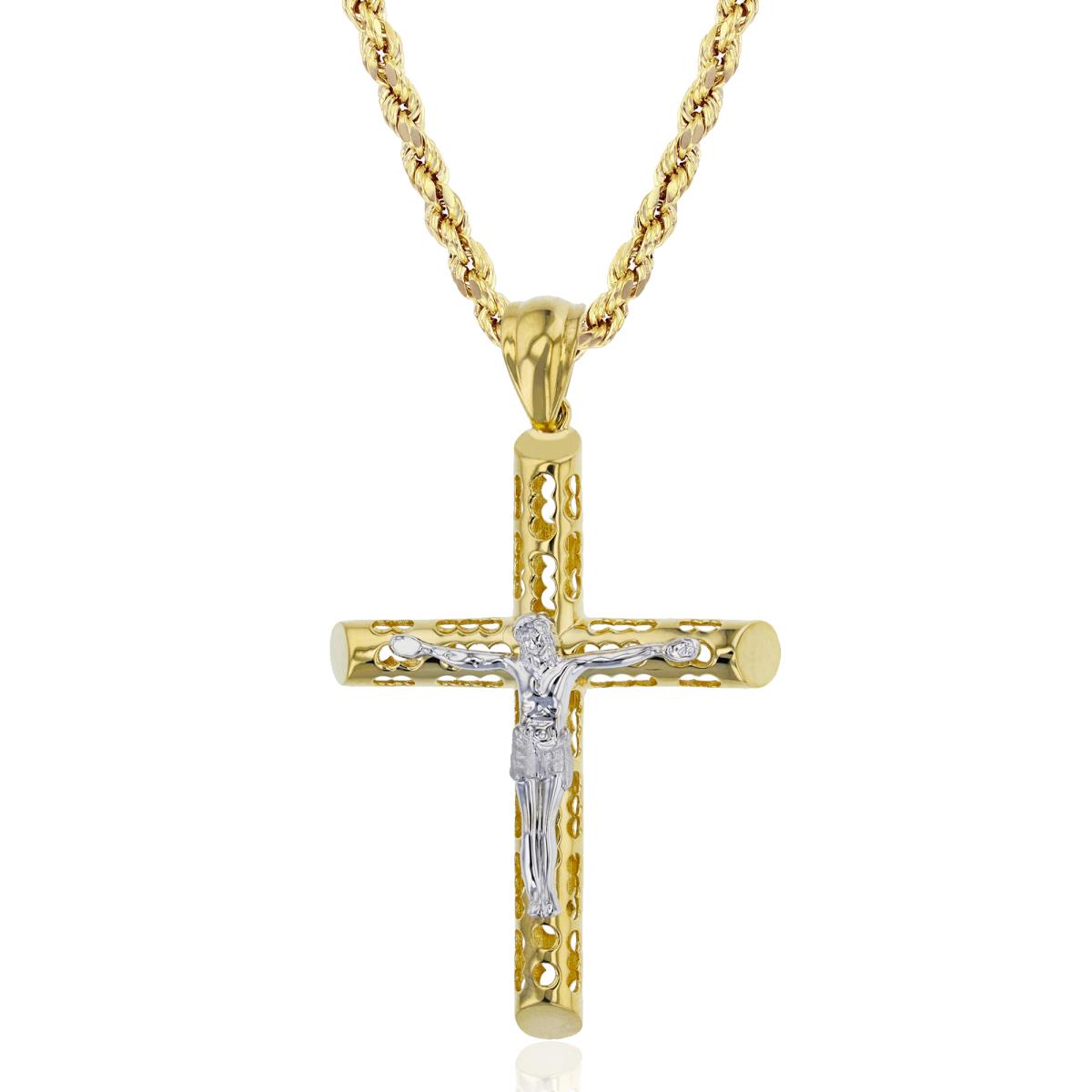 14K Yellow & White Gold 45x28MM Cut Out Tube Cross 24" Hollow Rope Necklace