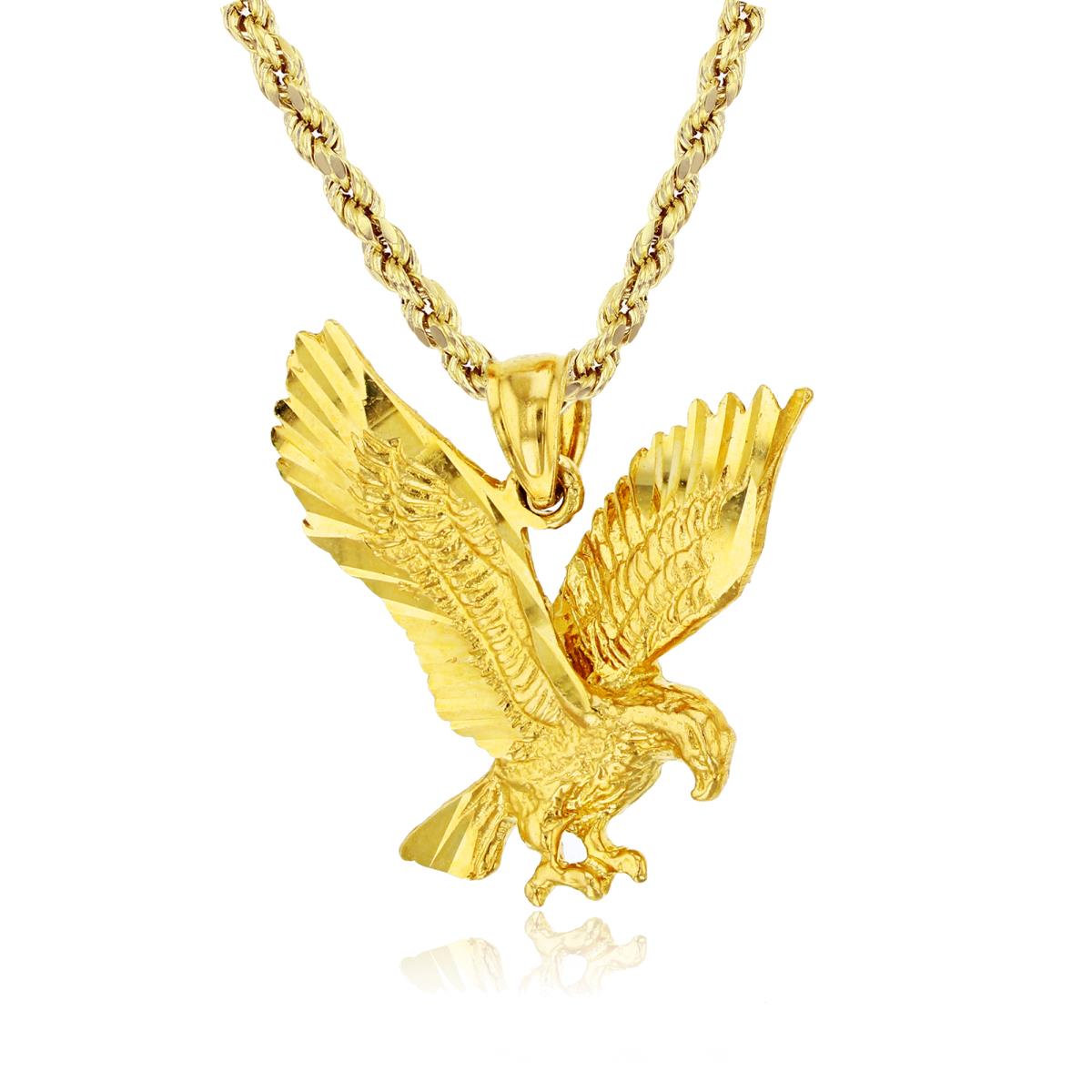 14K Yellow Gold Eagle In Flight Dangling 24" Hollow Rope Necklace