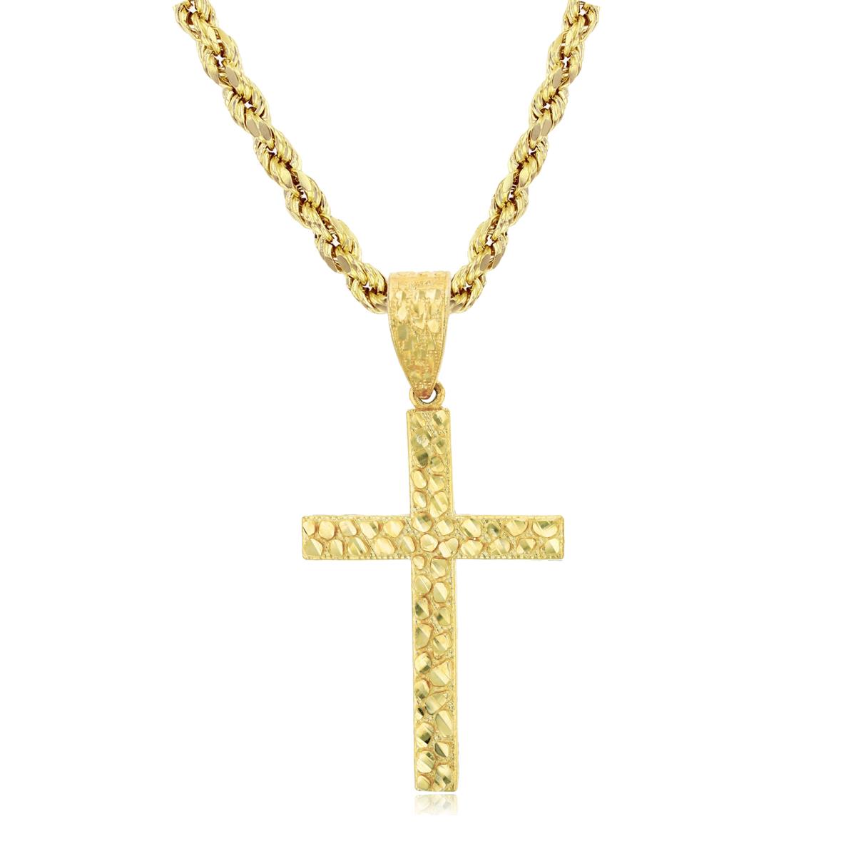 14K Yellow Gold DC Textured Religious Cross 24" Rope Chain Necklace