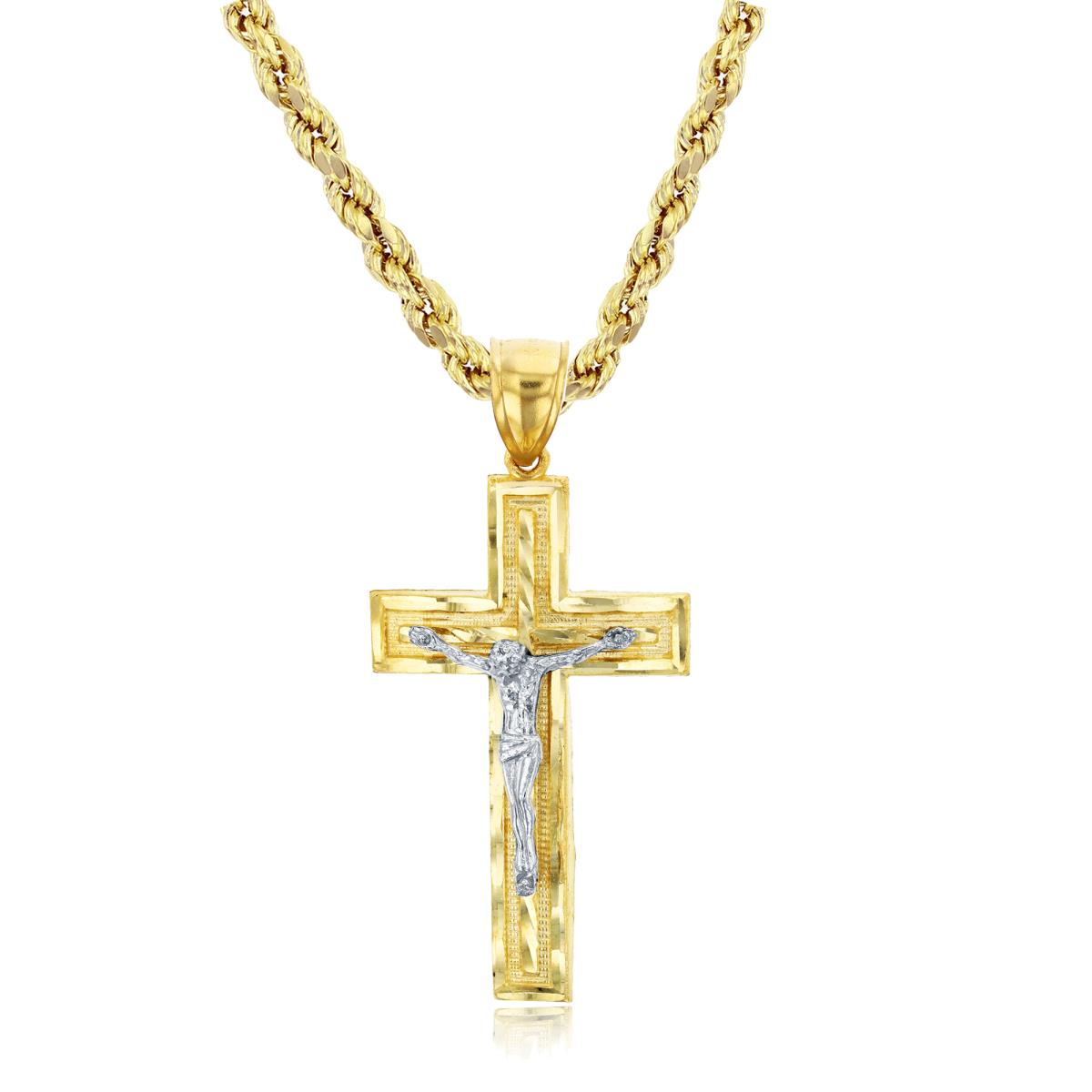 14K Gold DC Y&W Cross 24" Hollow Rope Necklace