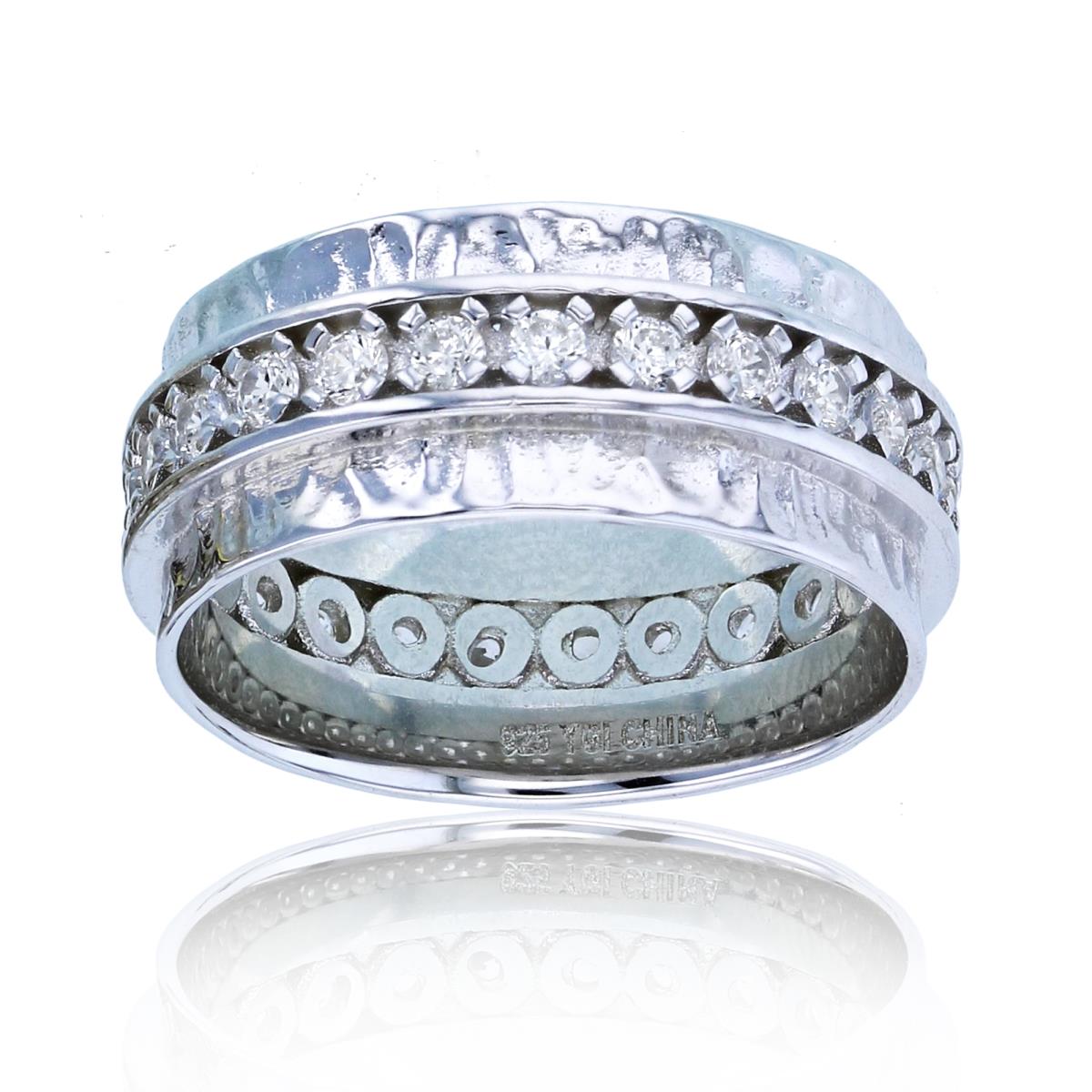 Sterling Silver Rhodium Textured CZ Middle Row Band Ring