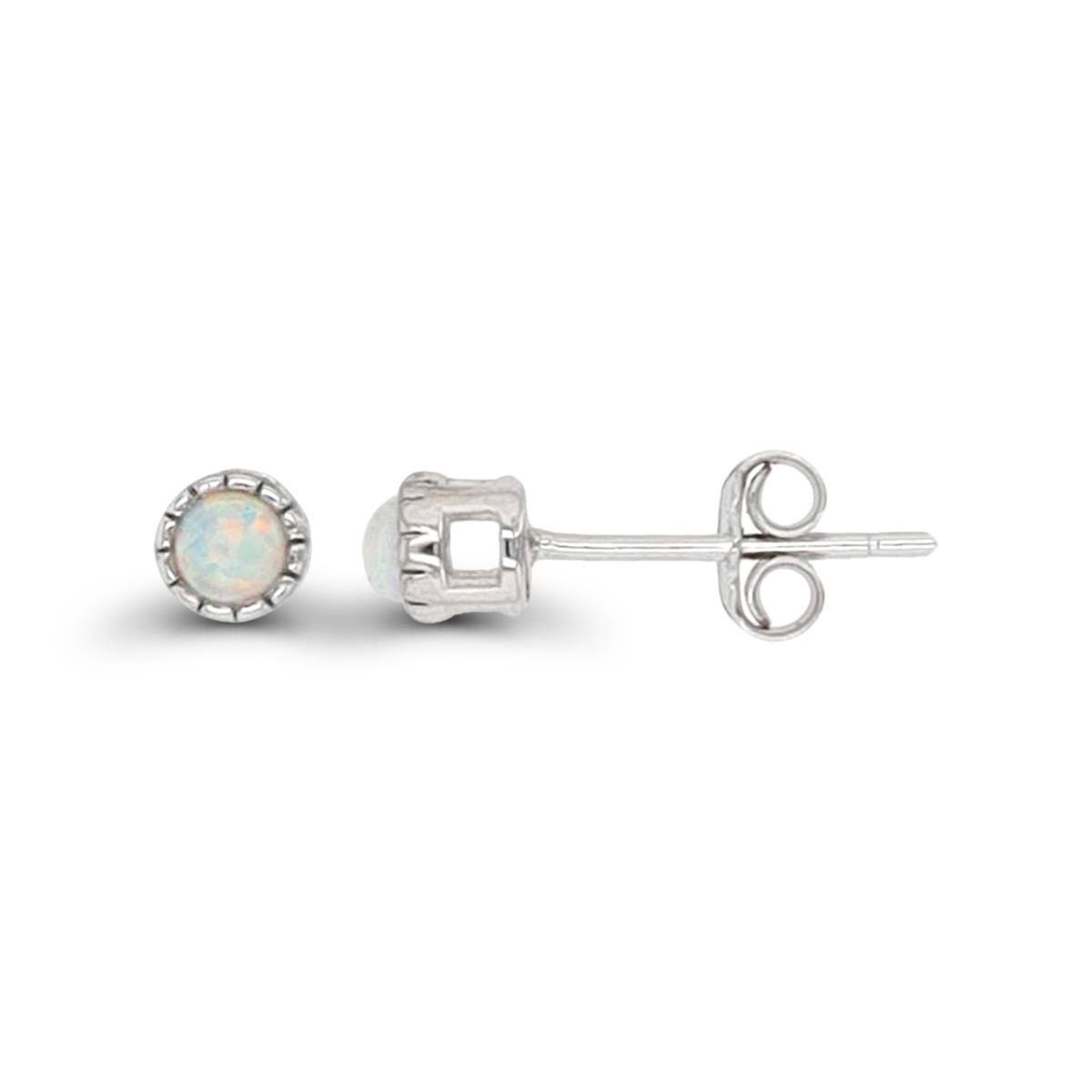 Sterling Silver Rhodium 3mm Rd Created Opal Milgrain Stud Earring