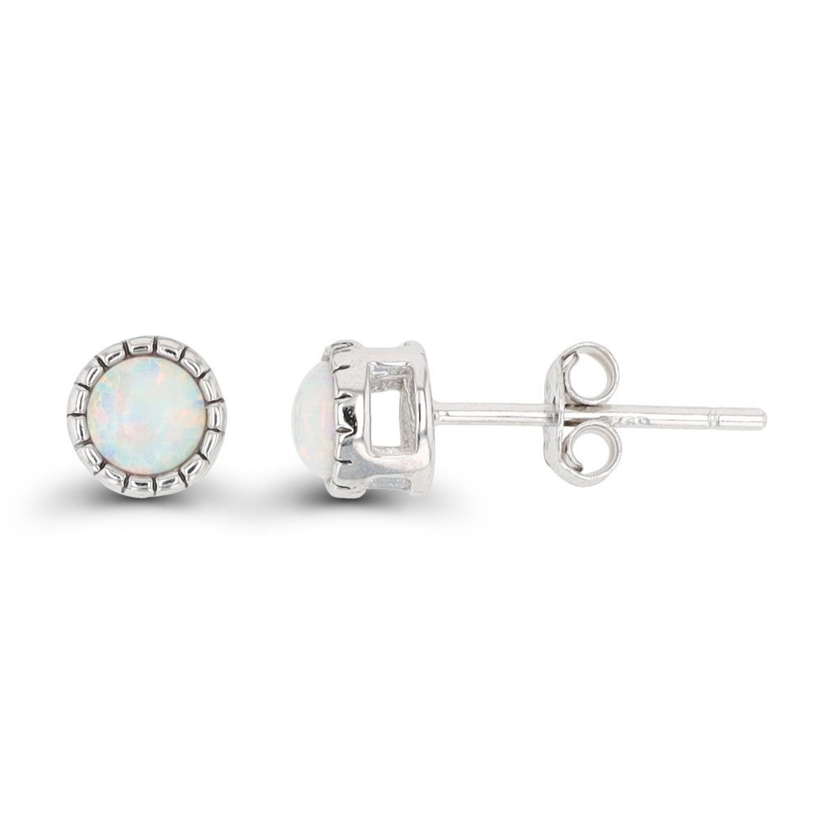 Sterling Silver Rhodium 4mm Rd Created Opal Milgrain Stud Earring