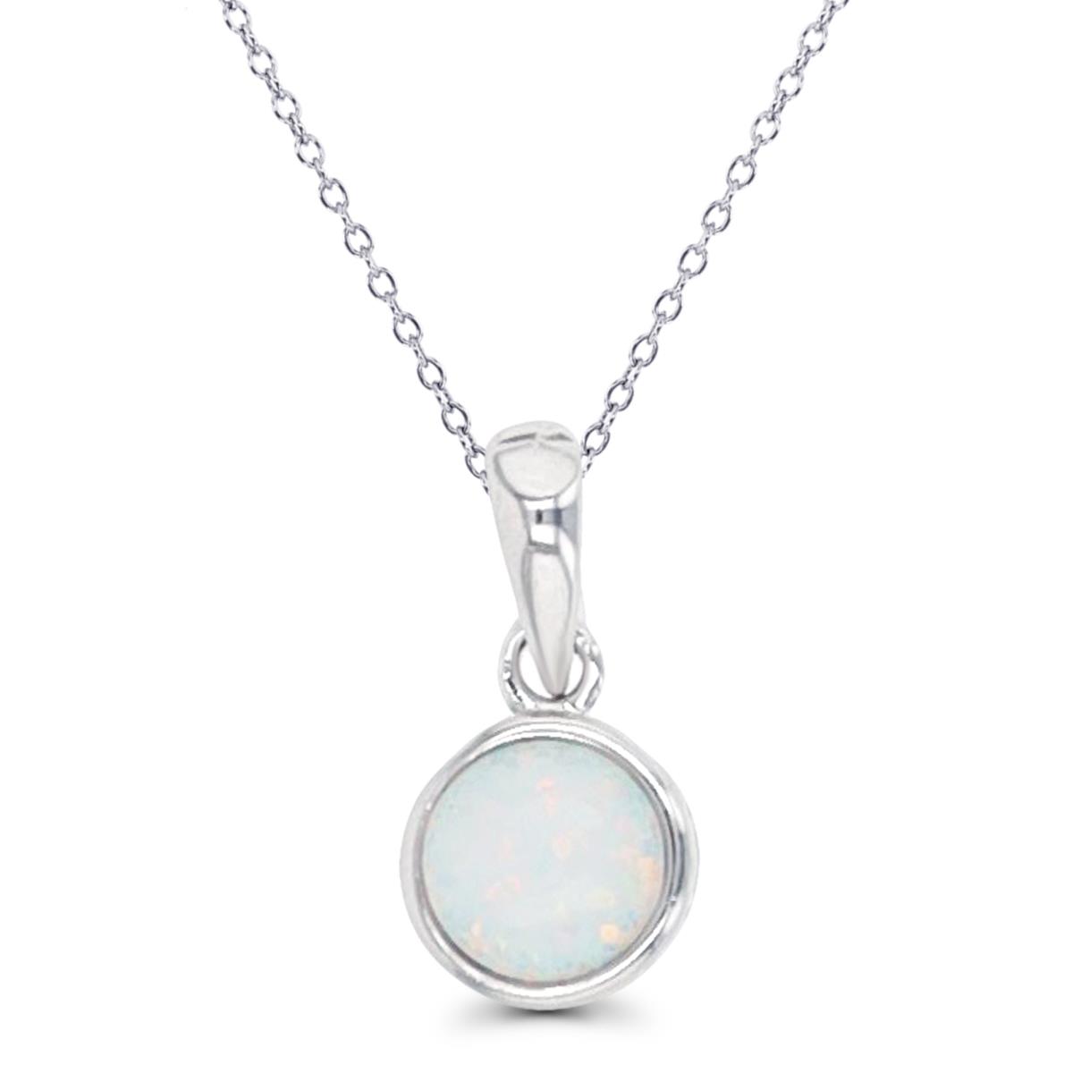 Sterling Silver Rhodium 6mm Rd Created Opal Bezel 18" Necklace