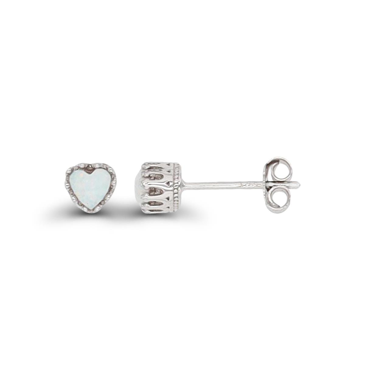Sterling Silver Rhodium 4mm Heart Created Opal Crown Set Stud Earring
