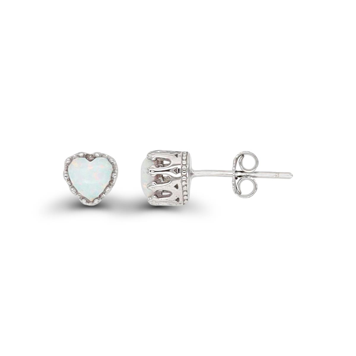 Sterling Silver Rhodium 5mm Heart Created Opal Crown Set Stud Earring