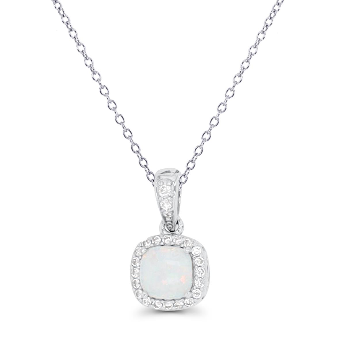 Sterling Silver Rhodium 5mm Cushion Created Opal CZ Halo 18" Necklace