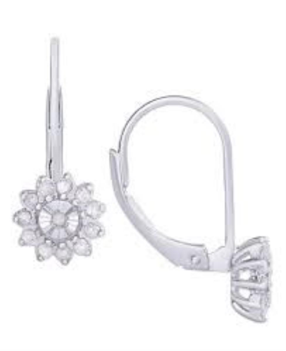 Sterling Silver Rhodium 0.12CTTW Diamonds Miracle Plate Flower LeverBack Earring