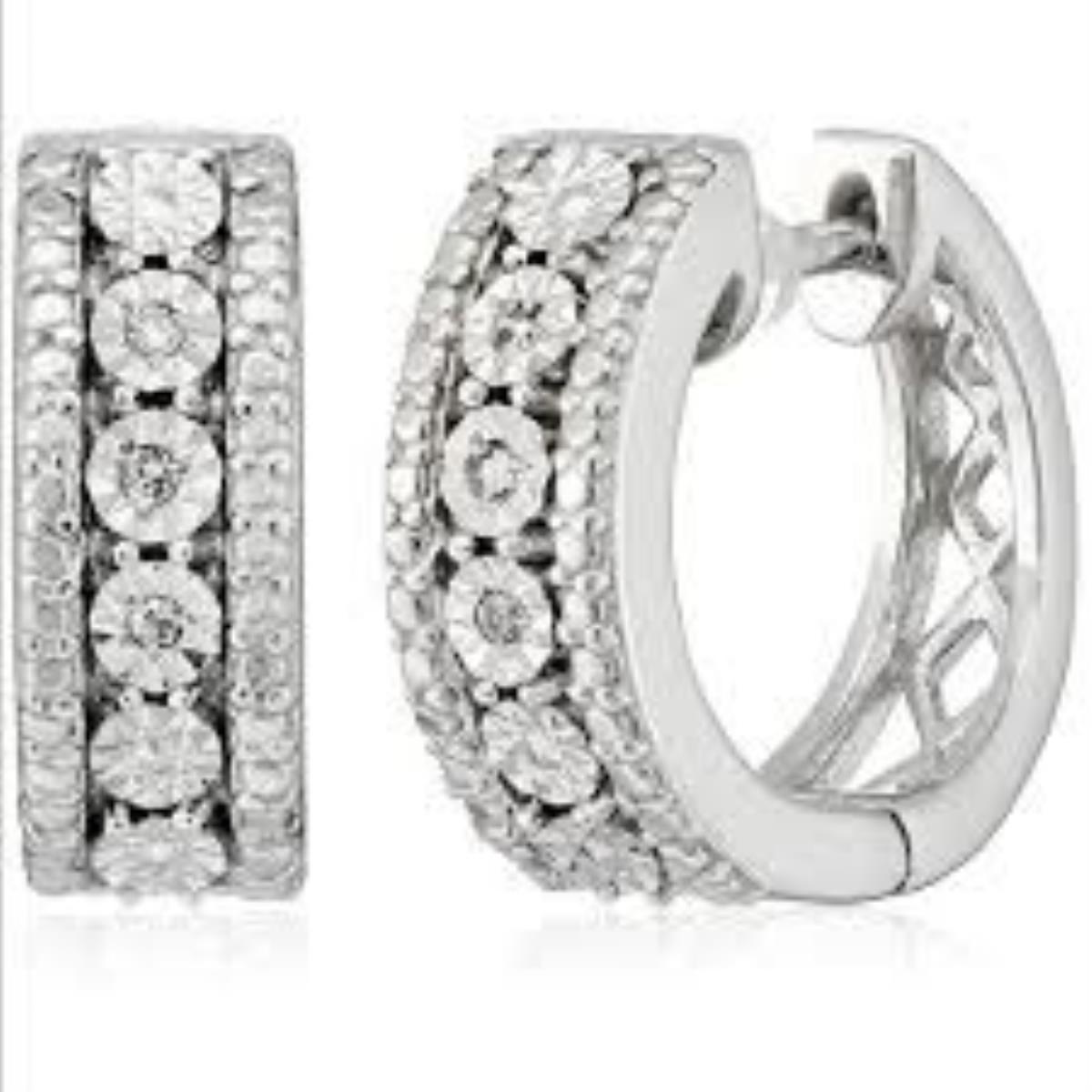 Sterling Silver Rhodium 0.06CTTW Diamonds Miracle Plate Channel Hoop Earring