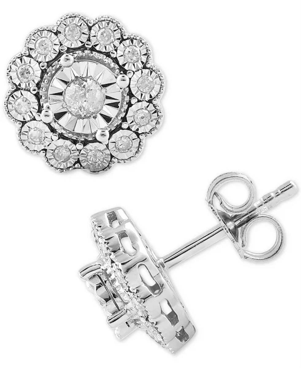 Sterling Silver Rhodium 0.13CTTW Diamonds Miracle Plate Cluster Flower Stud Earring