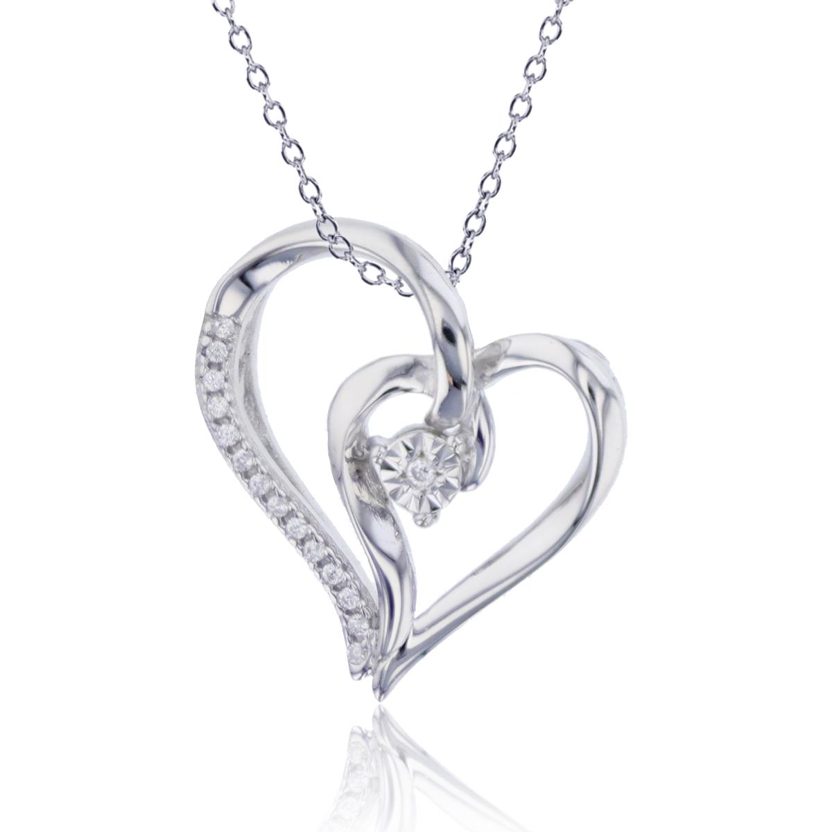 Sterling Silver Rhodium 0.05 CTTW Rnd Diamonds Open Heart with Miracle Plate 18"Necklace