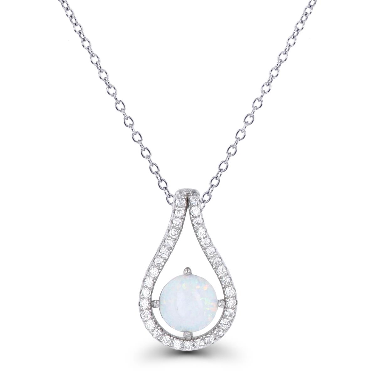 Sterling Silver Rhodium 7mm RD Created Opal & CZ Teardrop 18" Necklace