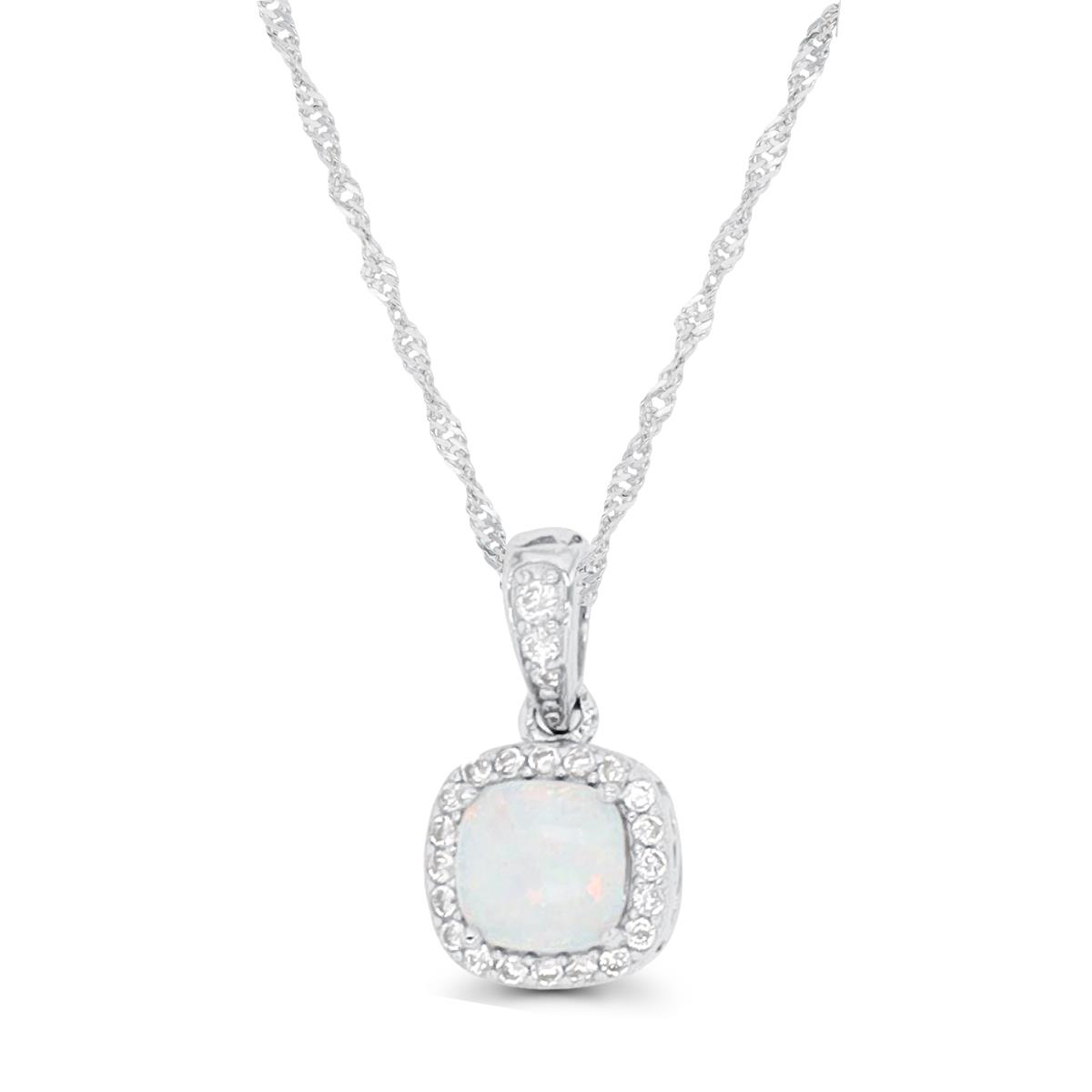 Sterling Silver Rhodium 5mm Cushion Created Opal CZ Halo 18"+2" Singapore Necklace