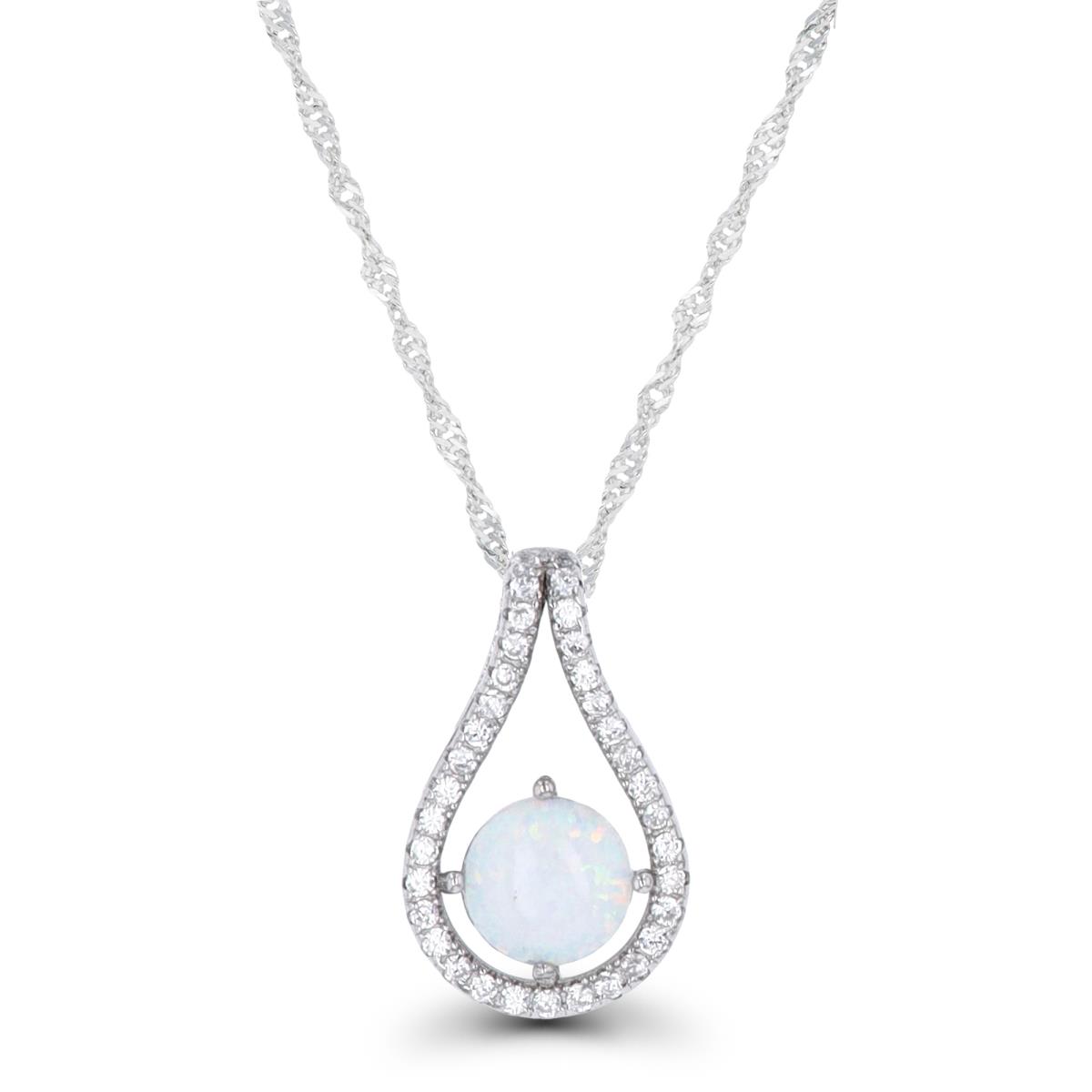 Sterling Silver Rhodium 7mm RD Created Opal & CZ Teardrop 18"+2" Necklace