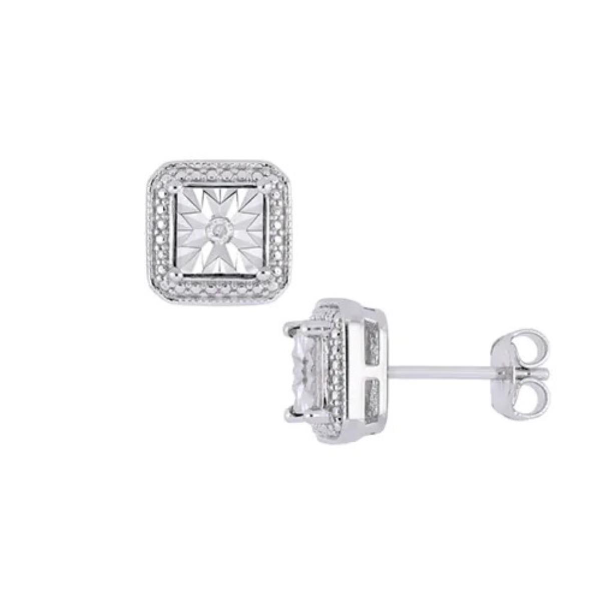Sterling Silver Rhodium 0.04CTTW Diamonds Miracle Plate Square Stud Earring