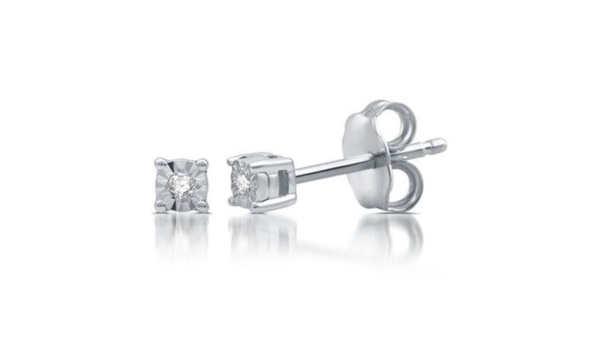 Sterling Silver Rhodium 0.01CTTW Diamond Center Miracle Plate Stud Earring