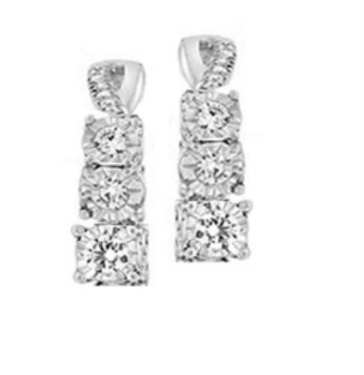 Sterling Silver Rhodium 0.036CTTW Diamonds Miracle Plate Graduated Dangling Earring