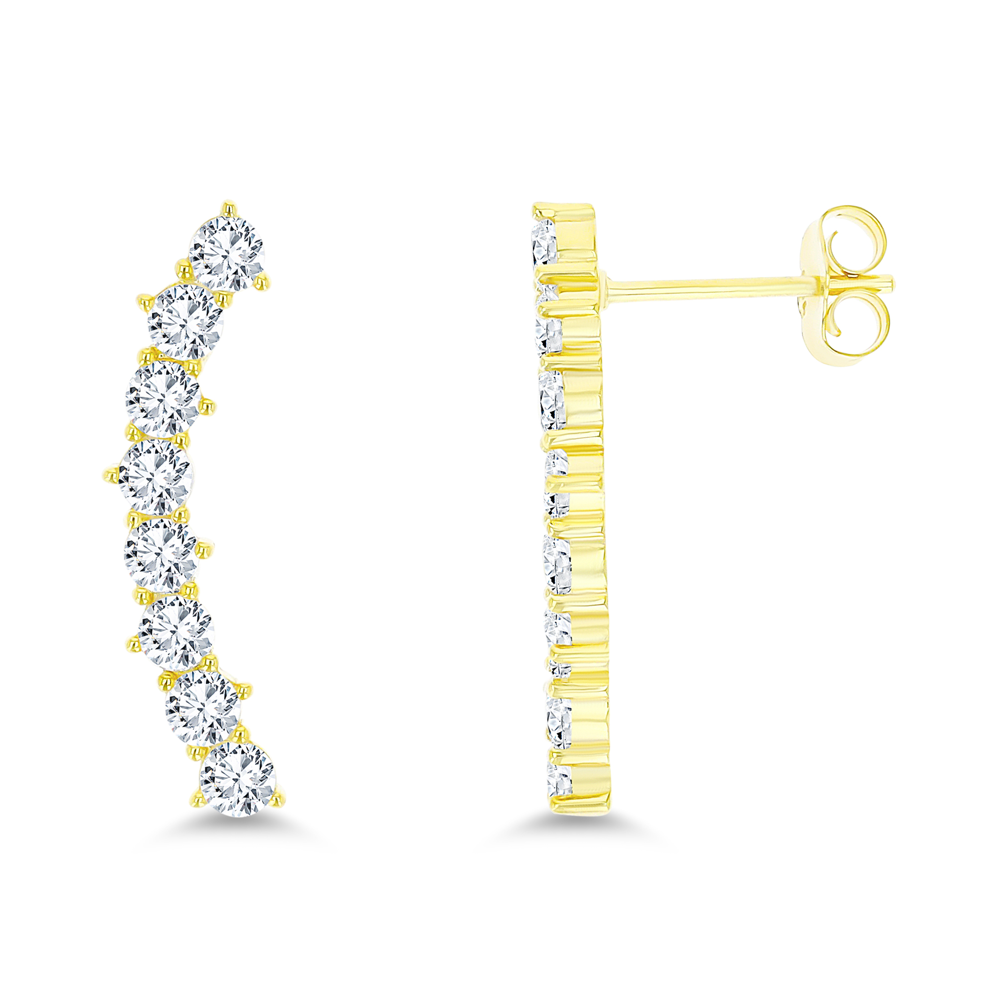 Sterling Silver Yellow 25x4mm One-Row Pave Rd CZ Curved Bar Earring