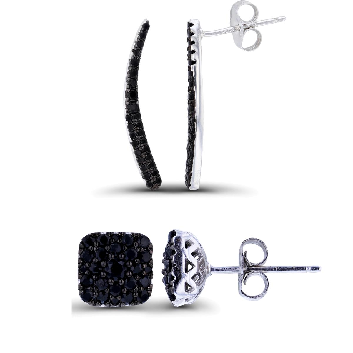 Sterling Silver Two-Tone Graduated Rd Black Spinel Crawler & Cushion Earring Set