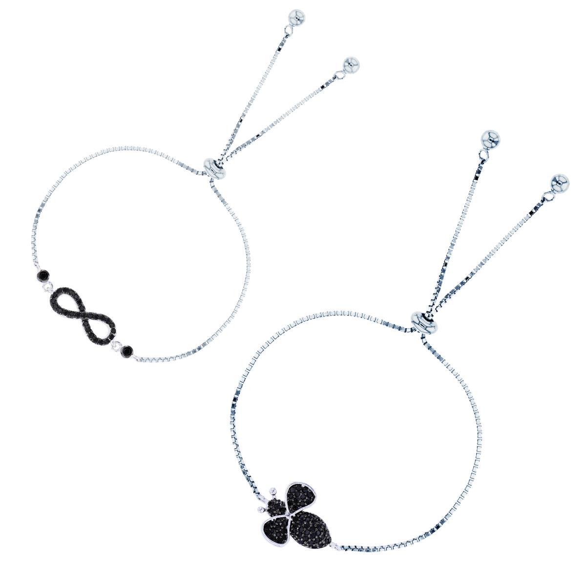 Sterling Silver Two-Tone Rnd Black Spinel Pave Bee & Infinity Adjustable Bracelet Set