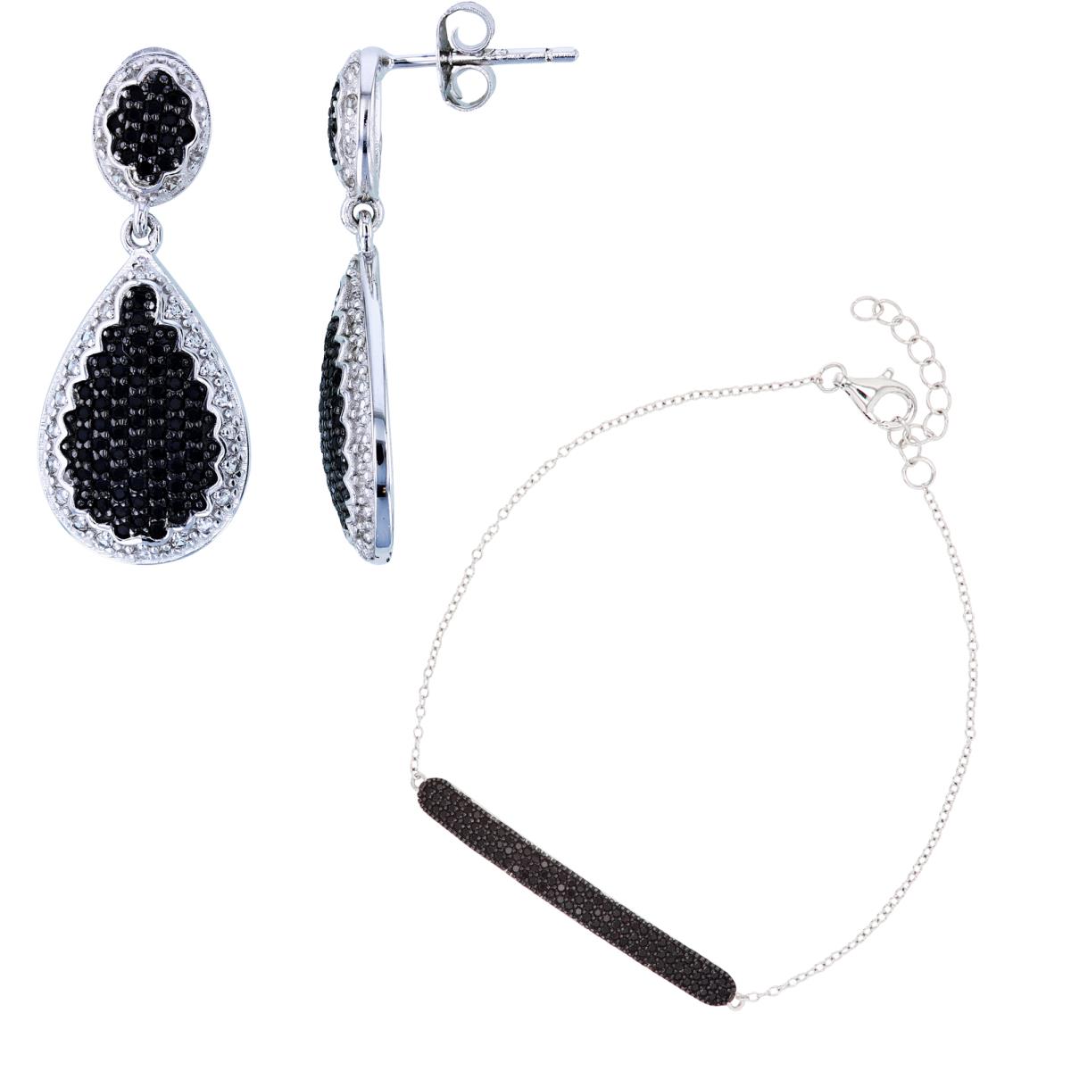 Sterling Silver Two-Tone Paved Black Spinel Bar 7"+1" Bracelet & Puffy Earring Set