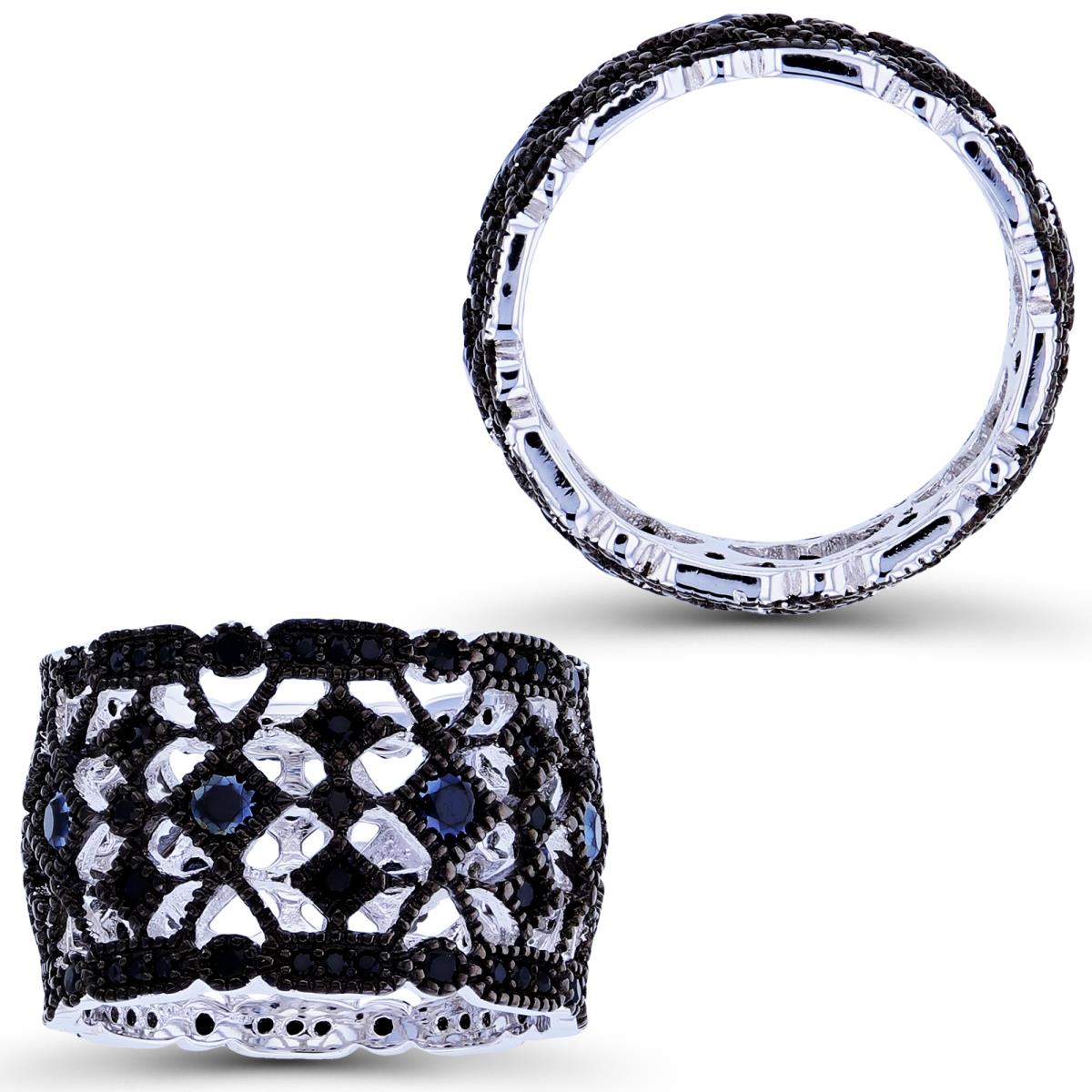 Sterling Silver Two-Tone Rnd Black Spinel Ornament Milgrain Wide Band 