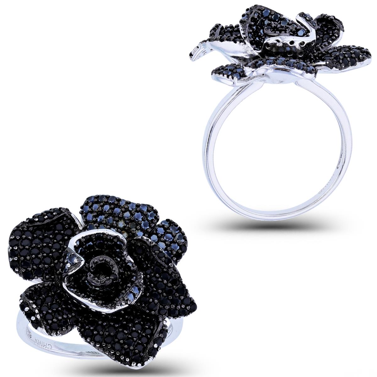 Sterling Silver Two-Tone Rnd Black Spinel Pave Rose Ring
