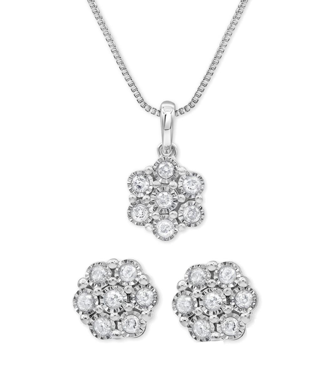 Sterling Silver Rhodium Diamond Miracle Plate Flower 18" Necklace & Stud Earring Set