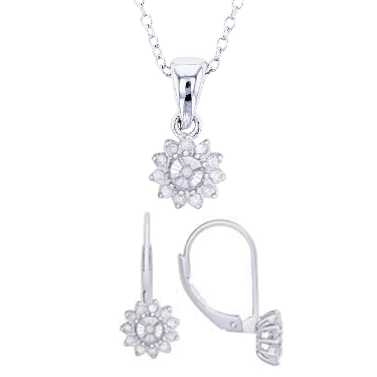 Sterling Silver Rhodium Diamonds Miracle Plate Flower Leverback Earring & 18" Necklace Set