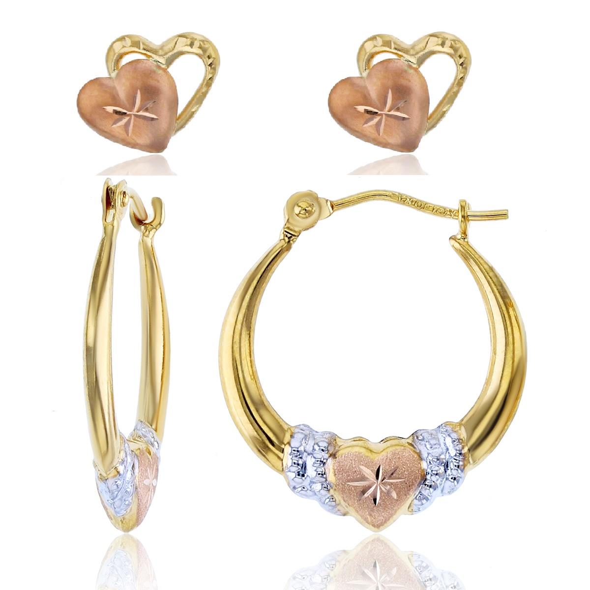 14K Gold 18mm Tricolor Heart Hoop & 8mm Heart Stud Earring Set