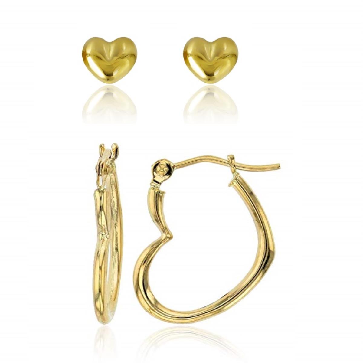 14K Yellow Gold 15mm Heart Hoop & 4.50mm Heart Stud Earring Set
