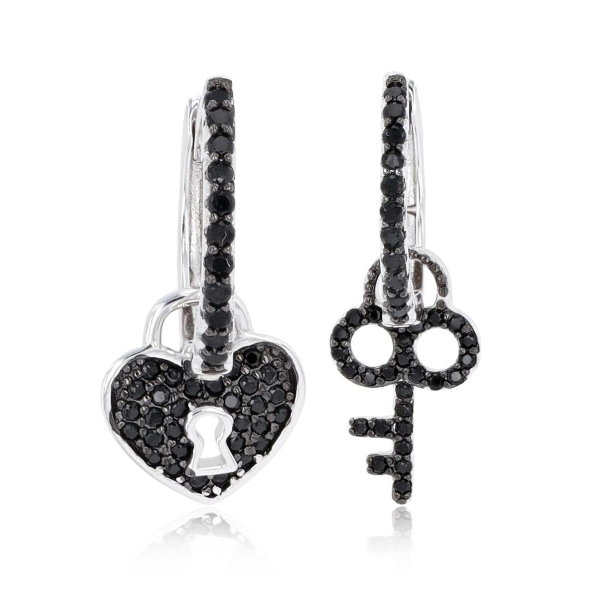 Sterling Silver Rhodium & Black Rnd Black Spinel Heart Lock/Key on Huggie Earrings