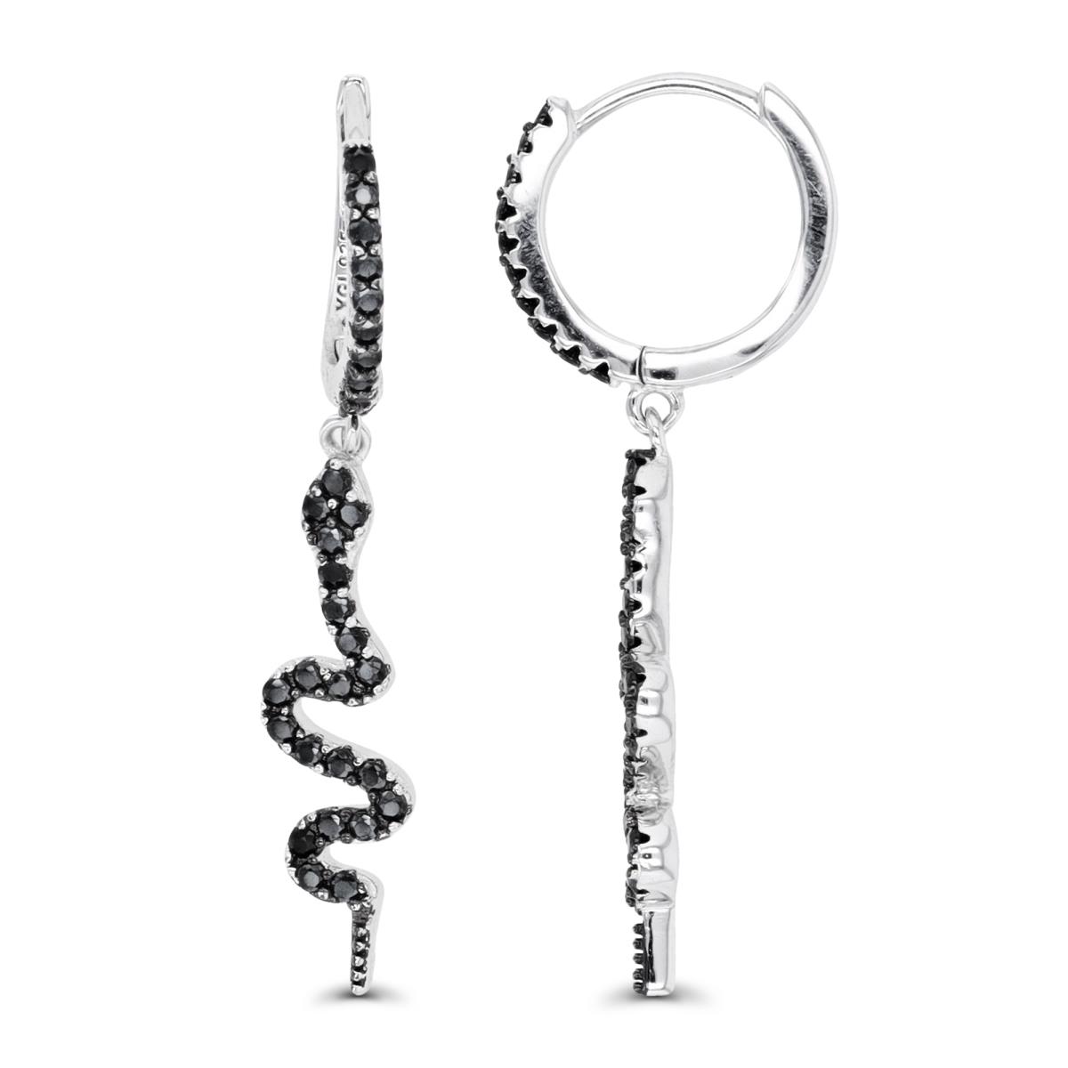 Sterling Silver Rhodium & Black Rnd Black Spinel Snake Dangling on Huggie Top Earrings