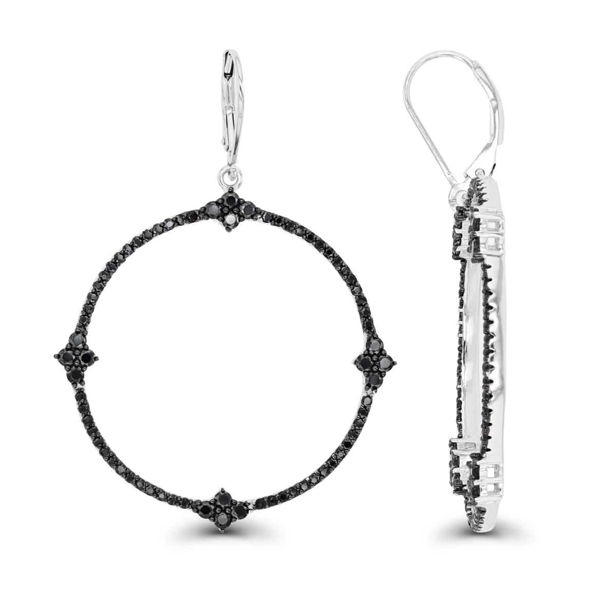 Sterling Silver Rhodium & Black Rnd Black Spinel Open Circle Dangling Earrings