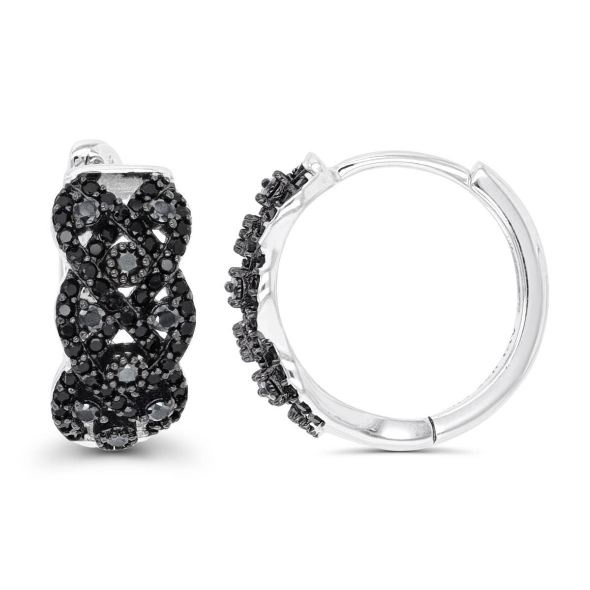 Sterling Silver Rhodium & Black Rnd Black Spinel 16x7mm Ornament Huggie Earrings