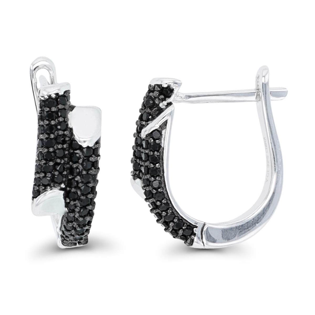 Sterling Silver Rhodium & Black Rnd Black Spinel Double Split Puffy Rows Huggie Earrings