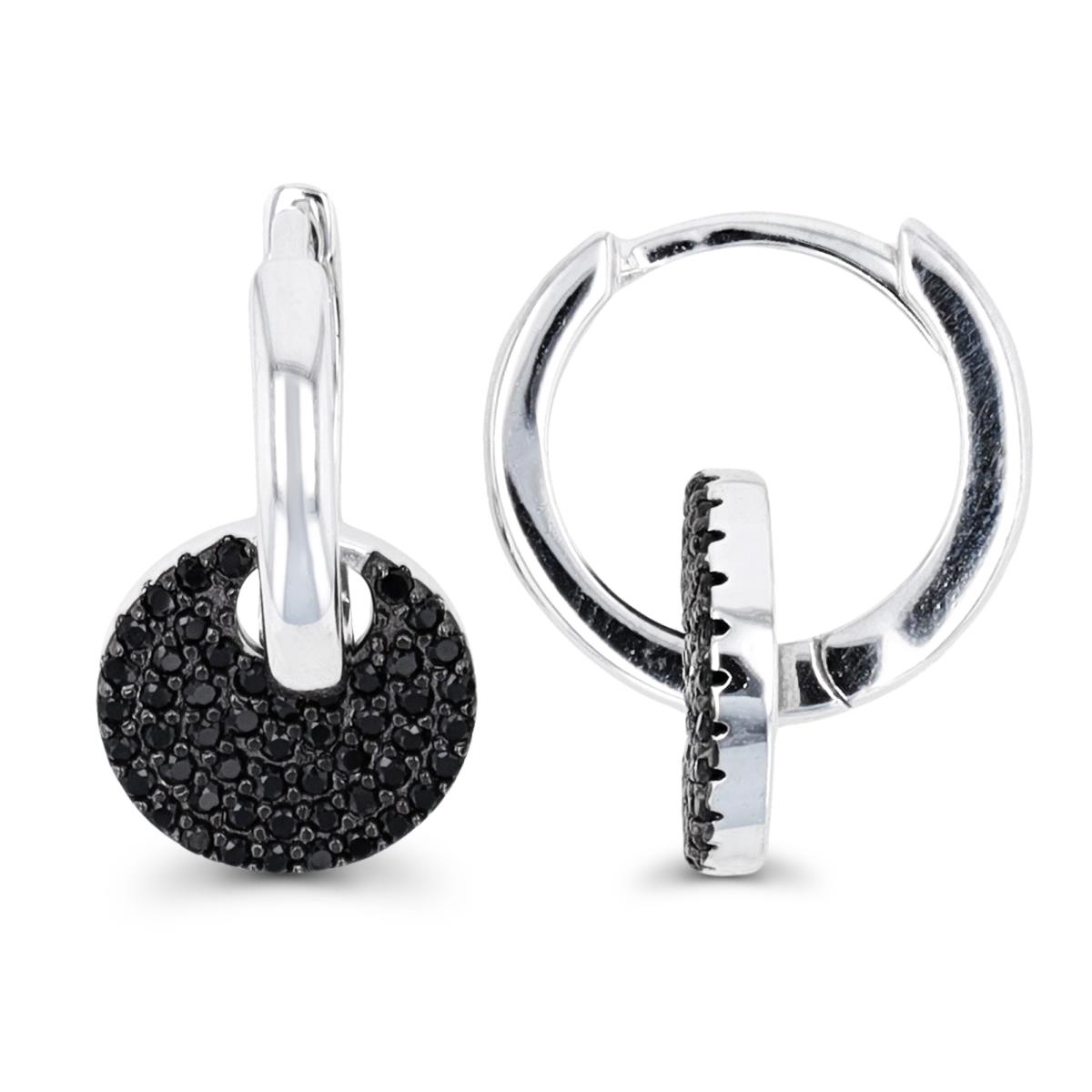 Sterling Silver Rhodium & Black Rnd Black Spinel Micropave Circle Movable in Huggie Earrings