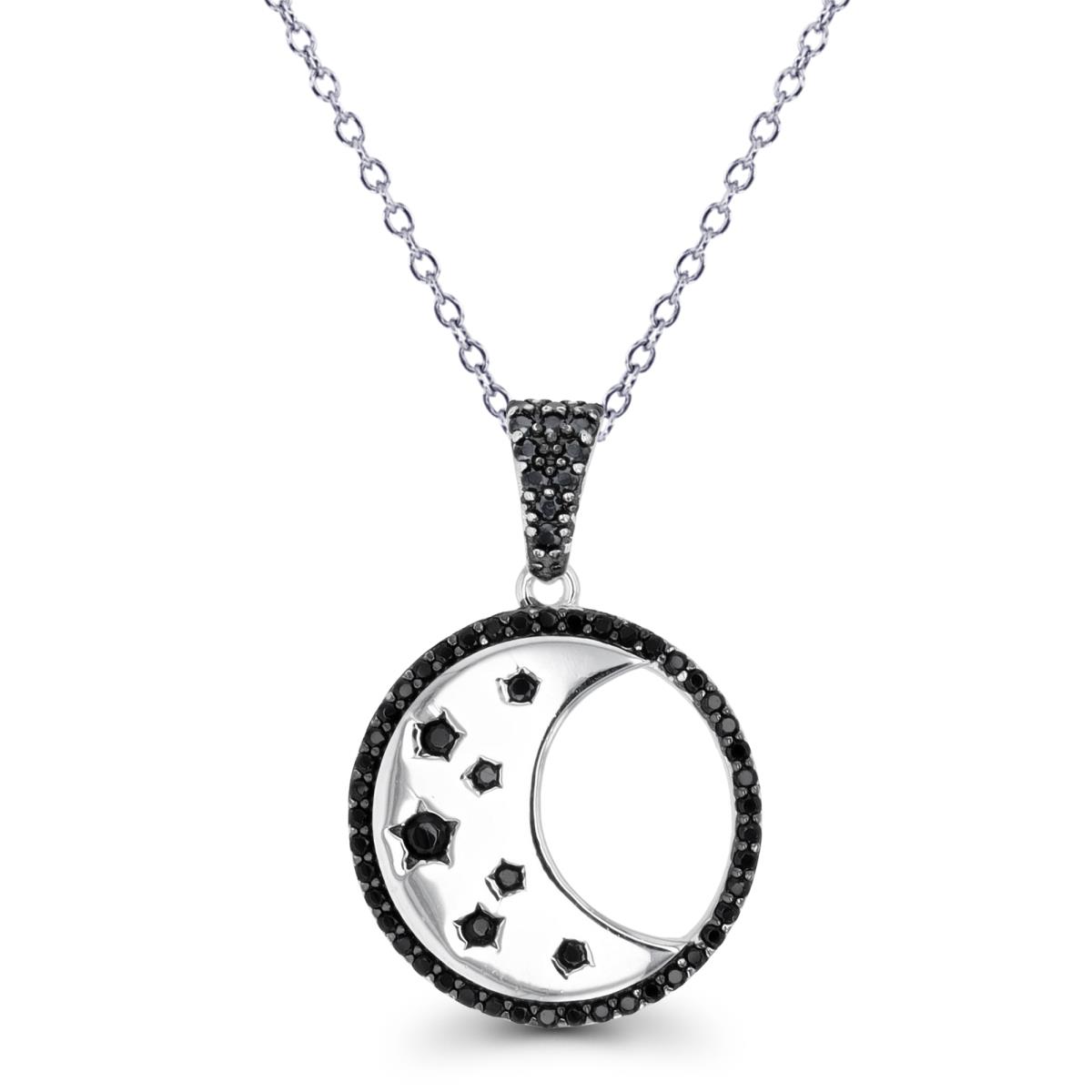 Sterling Silver Rhodium & Black Rnd Black Spinel High Polished Moon in Circle 18"Necklace