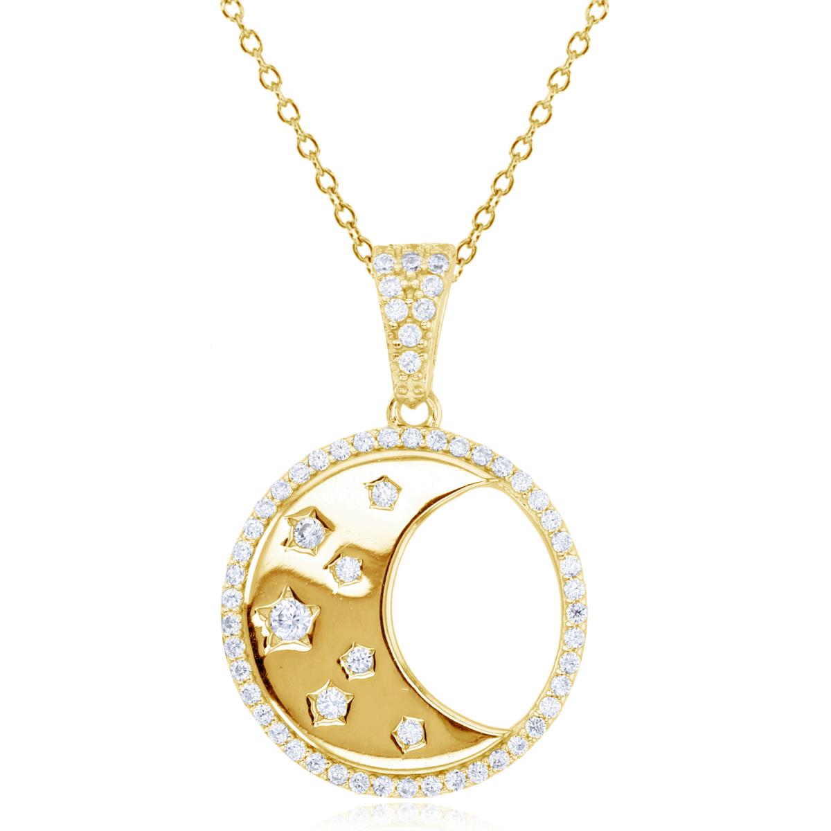 Sterling Silver Yellow Rnd White CZ High Polished Moon in Circle 18"Necklace