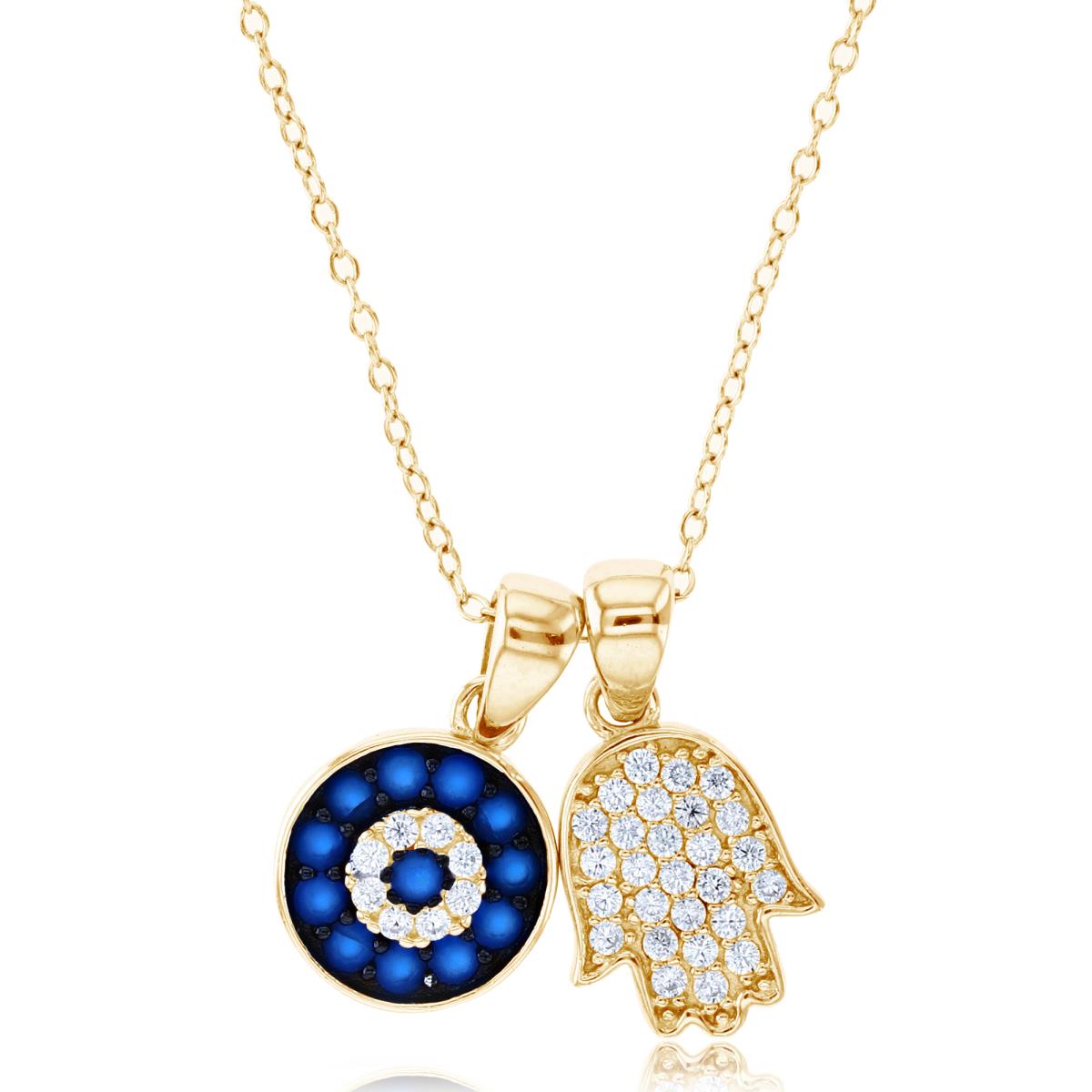 Sterling Silver Yellow Rnd White CZ Hamsa & Rnd White CZ/ #113 Blue Spinel Circle 16+2"Necklace